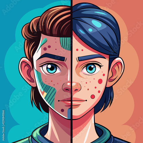 Diagram showing man with acne problem of people suffers from skin disease in flat design style