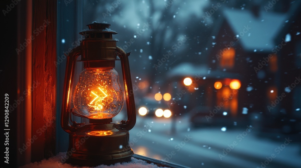 A warm lantern glows on a snowy windowsill, casting a comforting light against a blurry winter night. A warm lantern glows on a snowy windowsill, casting a comforting light against a blurry winter night.