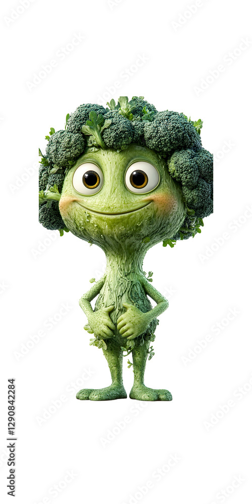 Naklejka premium Adorable Broccoli Character, Happy Veggie Cartoon Mascot, 3D Rendered Green Creature