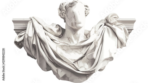 Close-up view of a white, possibly marble or stone, classical bust sculpture. The sculpture depicts a male figure draped in cloth.  The bust is framed by architectural molding elements on either