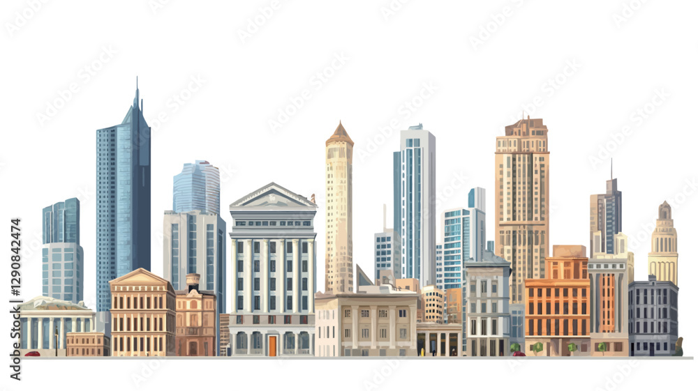 Fototapeta premium A digitally rendered illustration depicting a panoramic view of a city skyline. The image features a variety of architectural styles, including modern skyscrapers and classical buildings. The