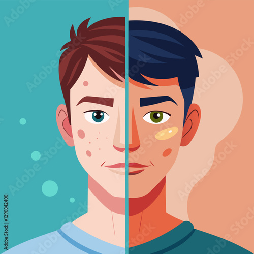 Vector illustration of people suffers from skin disease in flat design style. Acne skin problems Teenage Boy with magnifying glass for looking cystic acne on her facial