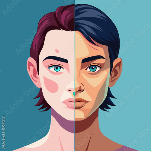 Diagram showing man with acne problem of people suffers from skin disease in flat design style