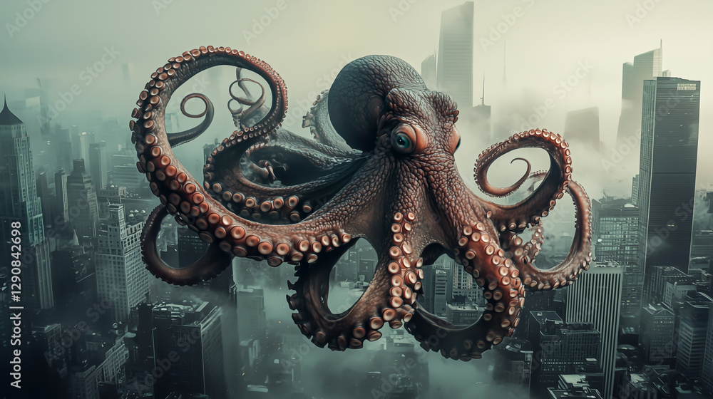 Obraz premium Giant Octopus over Metropolis: A colossal cephalopod looms above a dense city in this surreal and fantastical depiction.