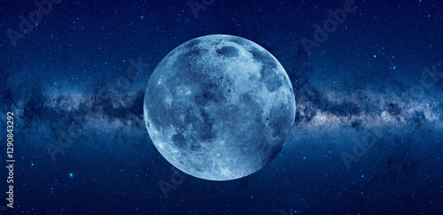 Fototapeta Naklejka Na Ścianę i Meble -  Amazing blue full moon, Milky Way galaxy in the background 