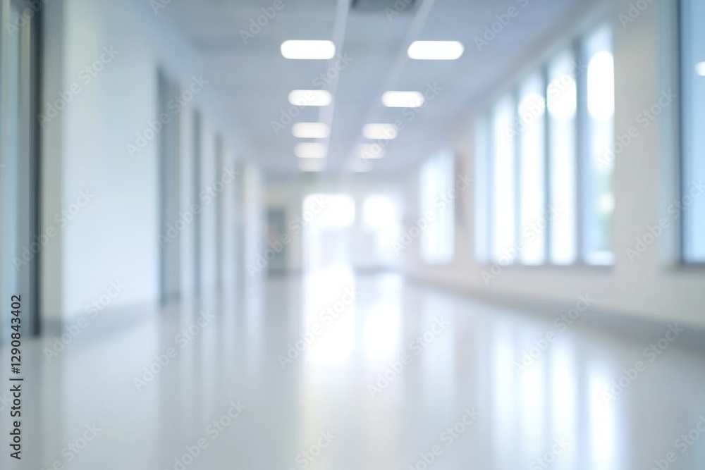 Obraz premium Blurred background of a corridor in hospital or clinic. Concept for hospital or medicine advertisement. Nation Doctor’s Day