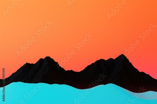 Bold mountains contrast against vibrant orange and blue sky, cre