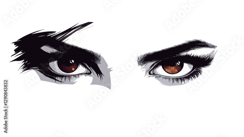 A close-up illustration of a pair of brown eyes. The style is a stylized drawing with strong contrast between black and white, creating a dramatic effect.  The eyes are the central focus, sharply