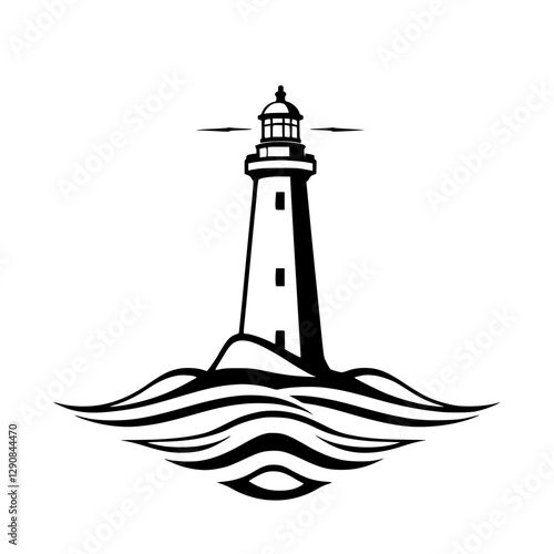 Lighthouse Beacon: Black and white illustration of a lighthouse with stylized waves, situated on a hill.