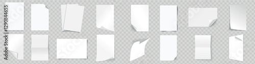 Blank A4 sheet of white paper with curled corner with shadow, empty paper sheet curled corner. Template for your design, blank white paper opened. Set. Front view. Vector illustration