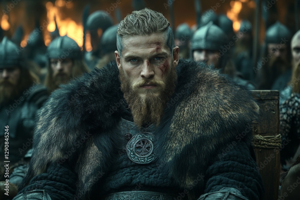 Intense warrior leader in fur cloak addresses his battle-ready troops during a medieval confrontation Intense warrior leader in fur cloak addresses his battle-ready troops during a medieval confrontation