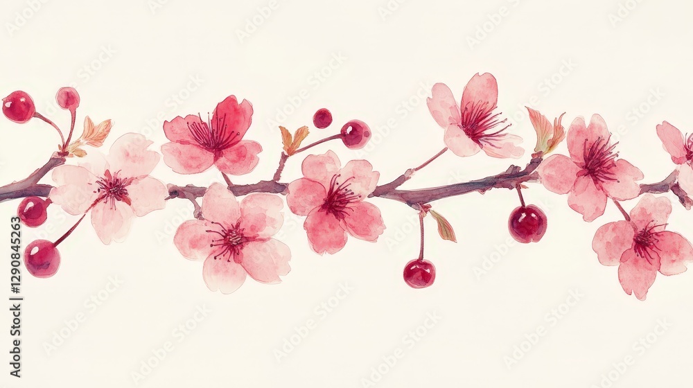 A delicate watercolor illustration of cherry blossoms and berries on a branch. A delicate watercolor illustration of cherry blossoms and berries on a branch.