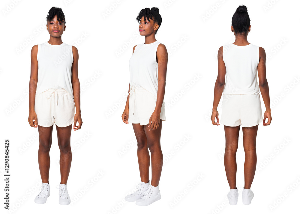 Obraz premium Woman png mockup in white tank top summer apparel set