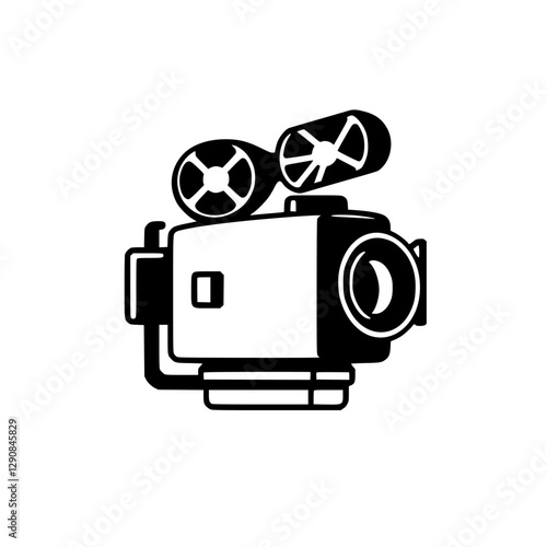 Classic film projector illustration against white background: monochrome, black and white, cinematic.