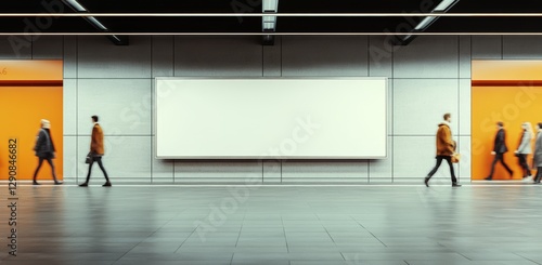 Fototapeta Naklejka Na Ścianę i Meble -  Empty white billboard mockup in modern subway station with busy pedestrians