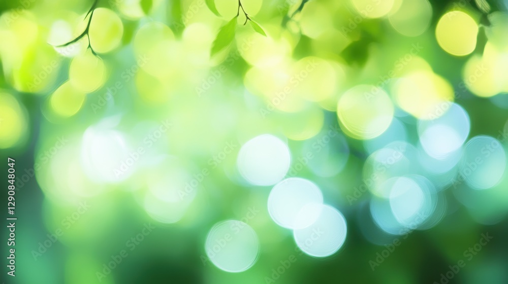 Fototapeta premium Nature background with soft bokeh effect, green leaves, and colorful light spots. Bright blurred colors for calming wallpapers and design projects.