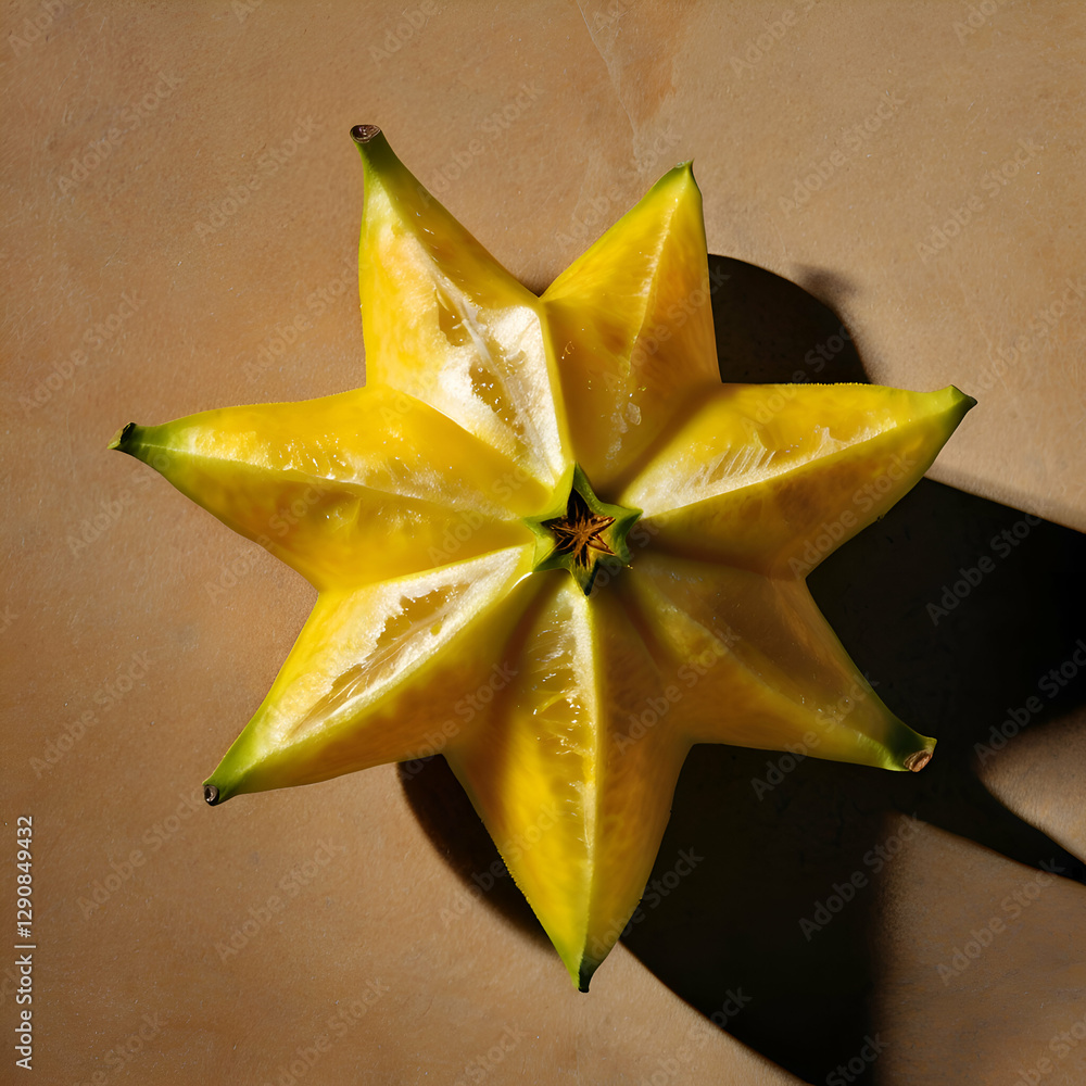 Fototapeta premium A star fruit next to several, forming perfect star shapes with a glossy yellow texture