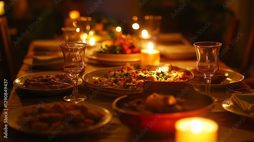Romantic Dinner Table Setting Warm Candlelight Elegant Food Dishes Plates Glasses Romantic Atmosphere Cozy Evening Home Dinner Party Festive Meal Romantic Dinner Table Setting Warm Candlelight Elegant Food Dishes Plates Glasses Romantic Atmosphere Cozy Evening Home Dinner Party Festive Meal