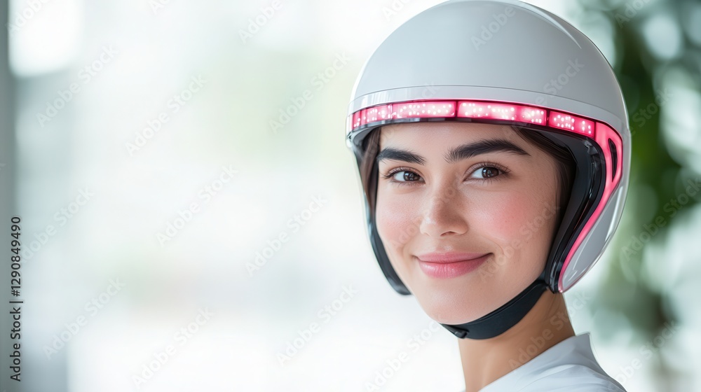 Regrowth treatment for hair loss Smiling woman wearing a modern helmet with LED lights.