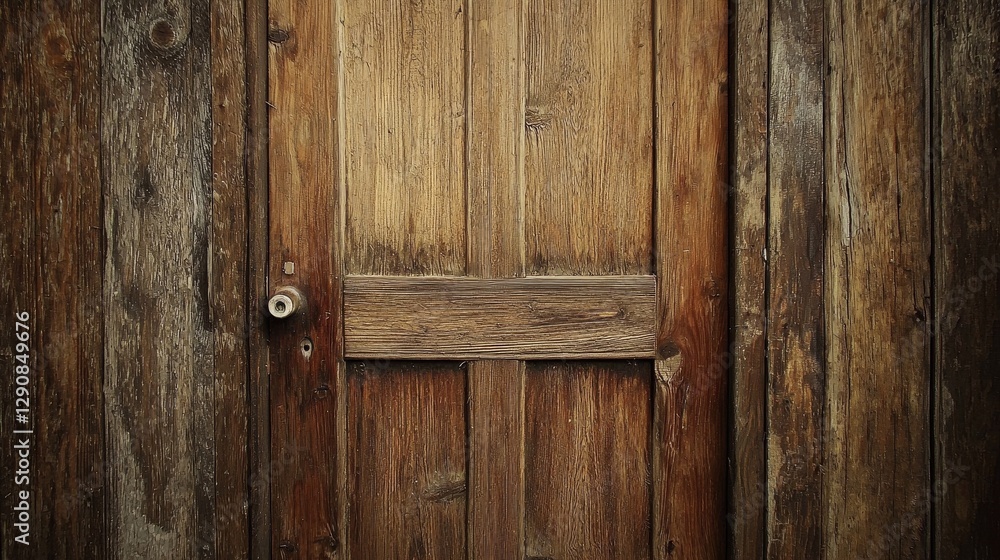 Wooden door with metal handle against a wood texture background in natural lighting Wooden door with metal handle against a wood texture background in natural lighting