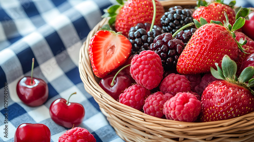A basket of fresh strawberries, raspberries, and cherries placed on a checkered tablecloth.