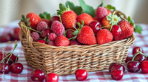 A basket of fresh strawberries, raspberries, and cherries placed on a checkered tablecloth.