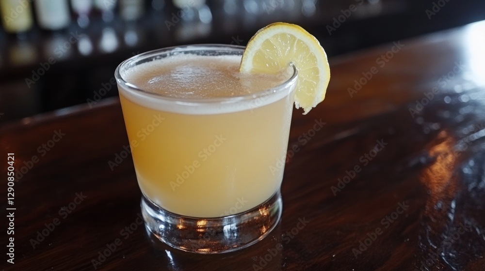 Bar Drink, Lemon Wedge, Wood Counter, Bar Background Bar Drink, Lemon Wedge, Wood Counter, Bar Background