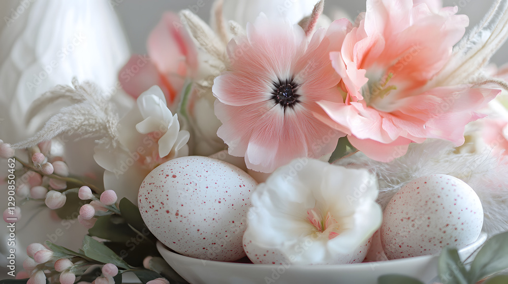A beautifully arranged Easter centerpiece with decorated eggs, soft feathers, and floral accents for a warm spring vibe. A beautifully arranged Easter centerpiece with decorated eggs, soft feathers, and floral accents for a warm spring vibe.