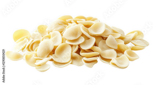 pile of uncooked pasta. specifically orecchiette. which are small. ear-shaped pasta pieces they are often used in various italian dishes. showcasing their versatility in cooking the pasta is presented