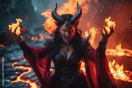 A powerful demon queen stands defiantly in a fiery hellscape, her horns and glowing red eyes emphasizing her dark and commanding presence photo