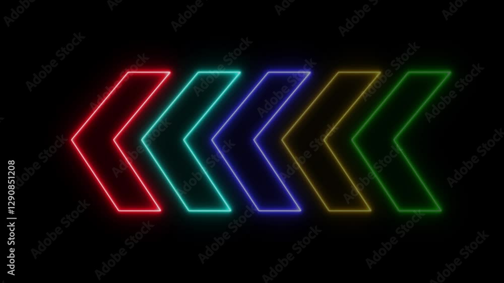 Abstract set of glowing neon arrows. right to left rendering. Neon glowing colorful right side arrow sign animated. Glowing neon arrow pointers on black background. Abstract set of glowing neon arrows. right to left rendering. Neon glowing colorful right side arrow sign animated. Glowing neon arrow pointers on black background.