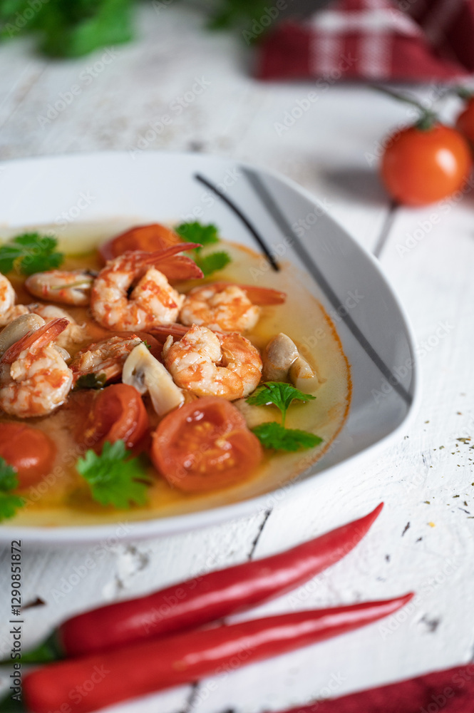 soup with shrimp, champignons, cherry tomatoes and chili peppers soup with shrimp, champignons, cherry tomatoes and chili peppers