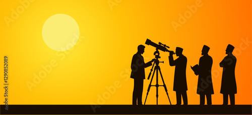 Silhouettes of astronomers observing the sky with a telescope during sunset, symbolizing celestial studies.