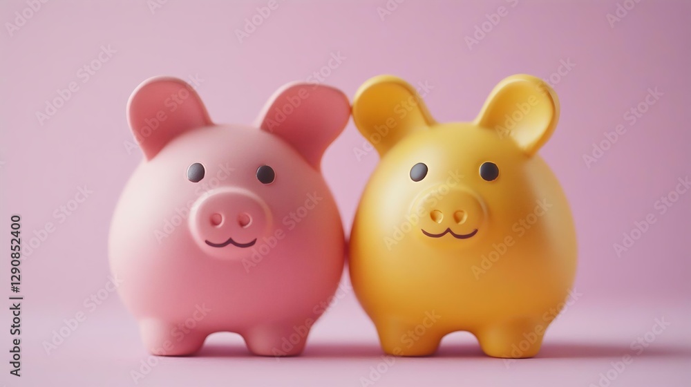 Two cute piggy banks, a pink one and a yellow one, are smiling together against a soft pink background, symbolizing savings and financial growth. Two cute piggy banks, a pink one and a yellow one, are smiling together against a soft pink background, symbolizing savings and financial growth.
