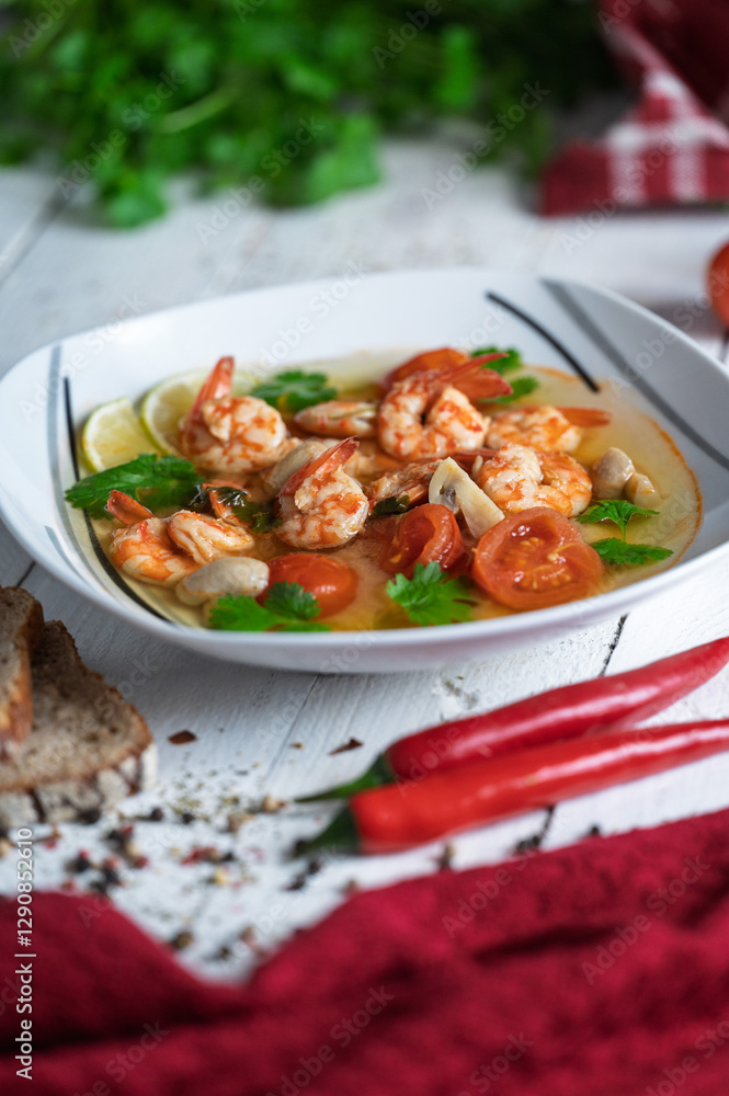 soup with shrimp, champignons, cherry tomatoes and chili peppers soup with shrimp, champignons, cherry tomatoes and chili peppers