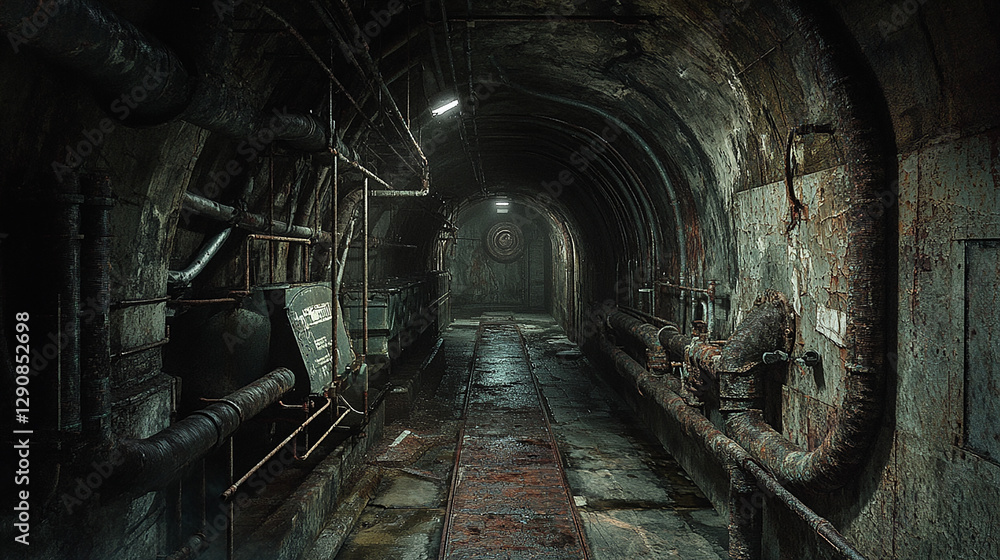 Obraz premium A massive underground tunnel filled with old pipes