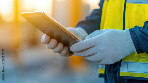 Close up of gloved hands using tablet at construction site