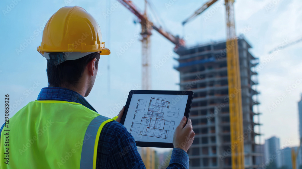 construction site inspector reviews architectural plans on tablet at building site construction site inspector reviews architectural plans on tablet at building site