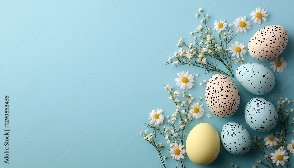Fototapeta premium Easter eggs and flowers are arranged on a light blue surface