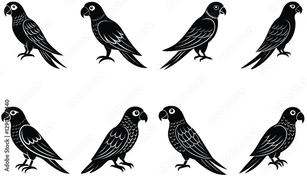 Fototapeta premium Parrot bird vector shilhouette bundle. Perched parrots and other birds. Macaw Bird Icon on Black and White Vector Backgrounds. Exotic Amazon Birds (Vector)