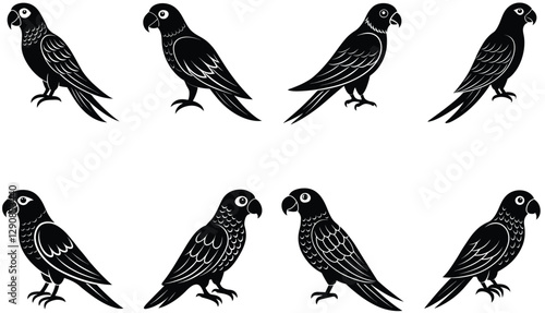 Parrot bird vector shilhouette bundle. Perched parrots and other birds. Macaw Bird Icon on Black and White Vector Backgrounds. Exotic Amazon Birds (Vector)