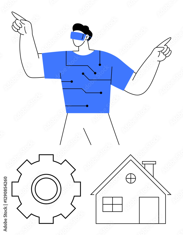 Man in augmented reality glasses and tech-styled shirt pointing upwards. Outlined gear and house symbolize innovation, technology, smart home, and engineering. Ideal for tech, AR, IoT, innovation Man in augmented reality glasses and tech-styled shirt pointing upwards. Outlined gear and house symbolize innovation, technology, smart home, and engineering. Ideal for tech, AR, IoT, innovation