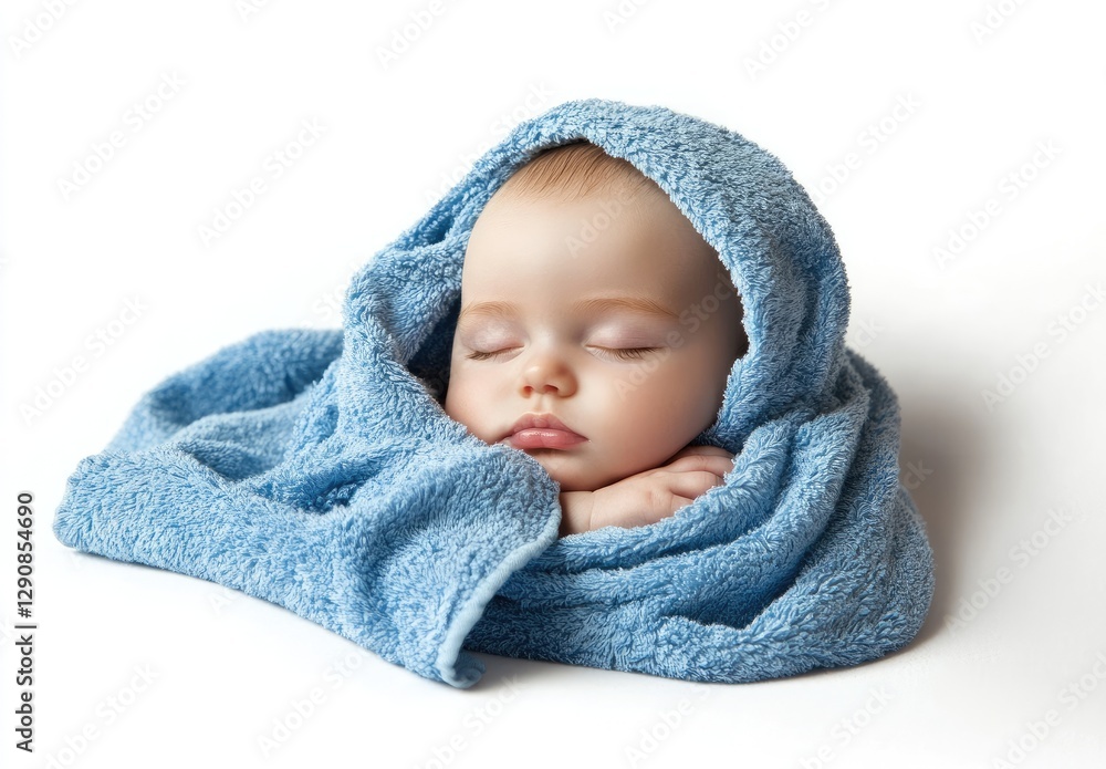 Portrait of a baby sleeping on a blue towel against a white background. Portrait of a baby sleeping on a blue towel against a white background.