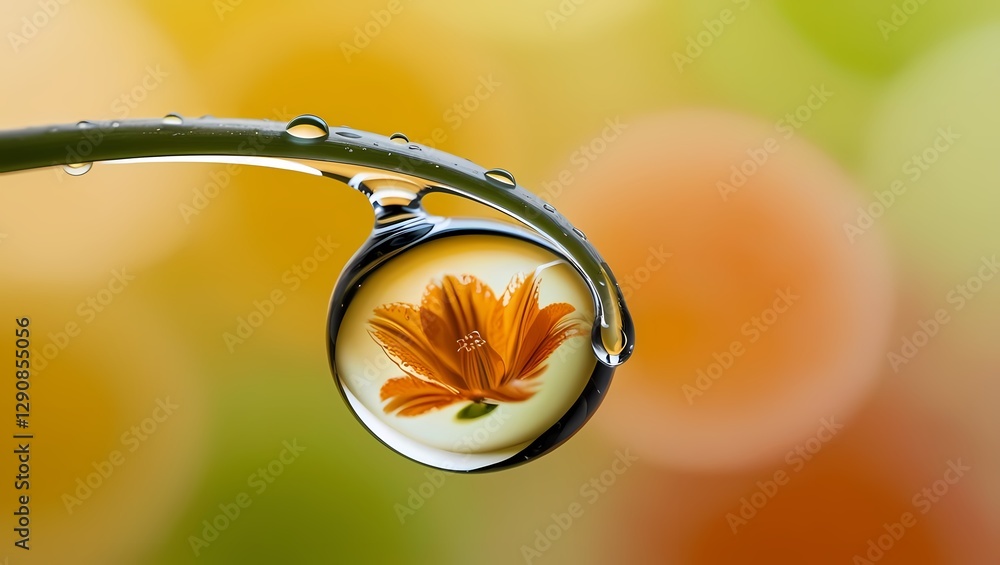 Fototapeta premium A close-up of a water droplet on a curved leaf, reflecting an orange flower against a blurred background of green and yellow hues.