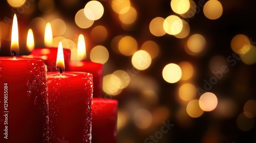 Red candles glow brightly against a background of warm, blurry lights, creating a festive and serene atmosphere.