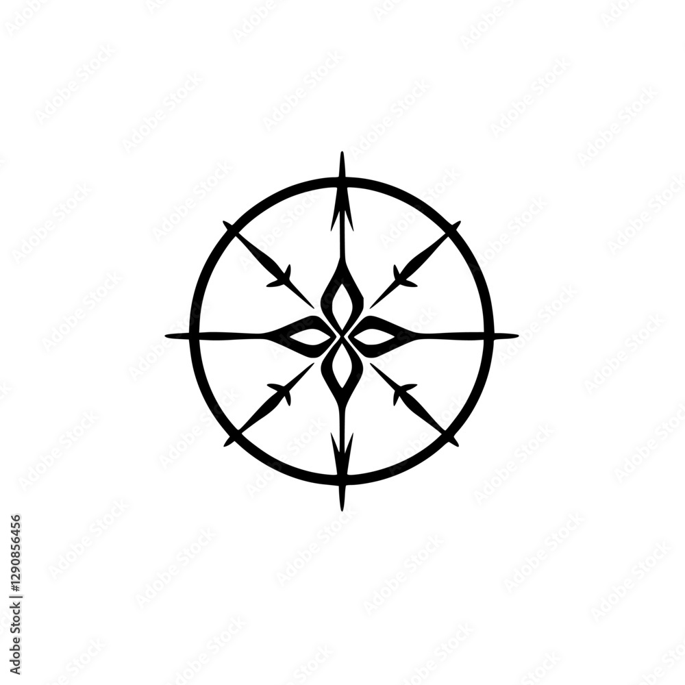 Black and White Compass Rose, a Minimalist Representation, Featuring a Circle, Center with a Four-Petal, Diamond-Shaped Pattern and Arrows on the Edges. Black and White Compass Rose, a Minimalist Representation, Featuring a Circle, Center with a Four-Petal, Diamond-Shaped Pattern and Arrows on the Edges.
