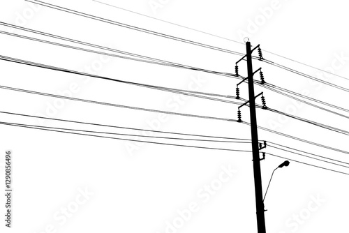 Silhouette of high voltage electric pole with connected wires isolated on transparent background png file.