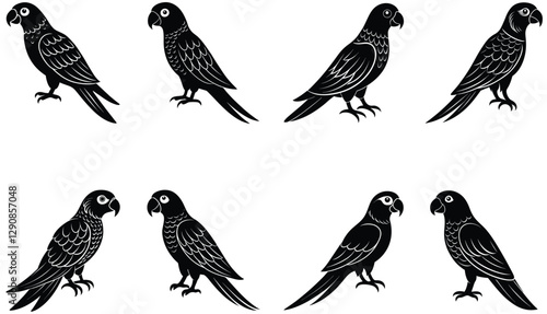Parrot bird vector shilhouette bundle. Perched parrots and other birds. Macaw Bird Icon on Black and White Vector Backgrounds. Exotic Amazon Birds (Vector)