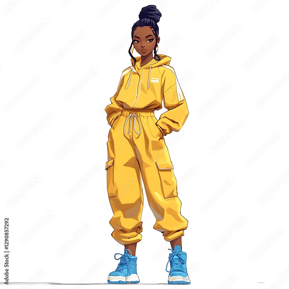 Stylish Black Woman in Yellow Tracksuit. Stylish Black Woman in Yellow Tracksuit.