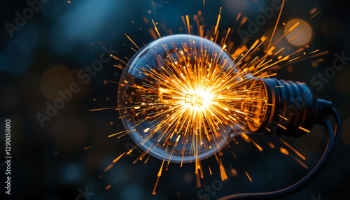 Transparent glass light bulb with bright star-shaped sparks.